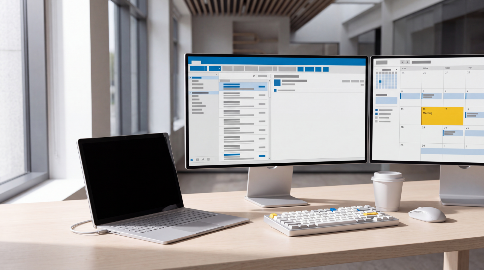 Modern office workspace with dual monitors displaying business analytics and management software on wooden desk