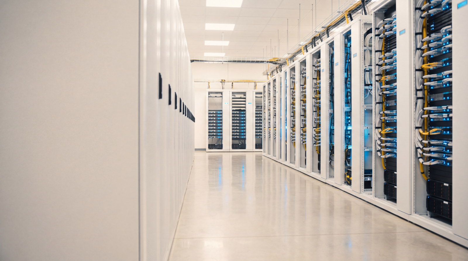 Modern data centre with rows of server racks and network infrastructure in a climate-controlled facility