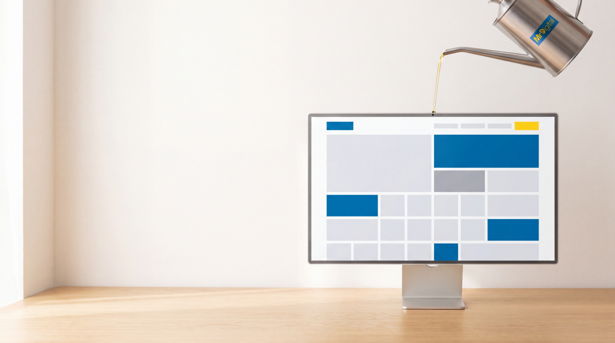 Minimalist office workspace showing desktop monitor displaying website wireframe layout with blue design elements