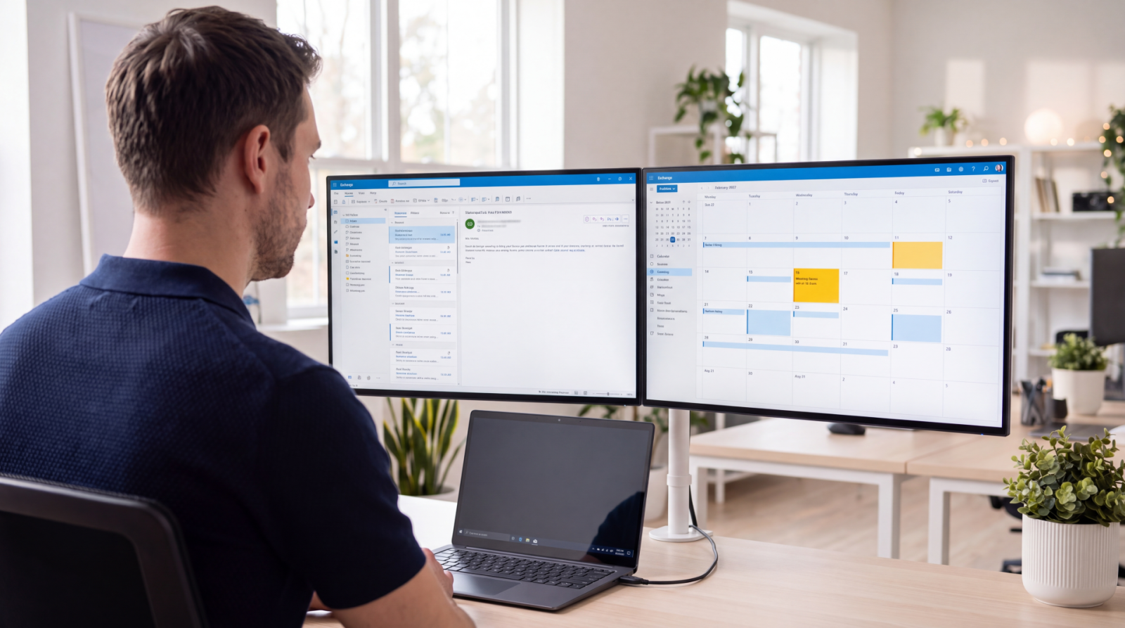 Professional working at desk with dual monitors displaying project management and calendar applications