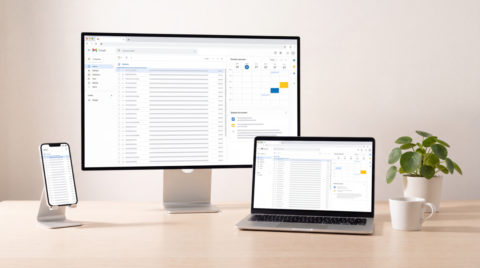 Modern office workspace with desktop monitor, laptop, smartphone, and plant displaying business dashboard data