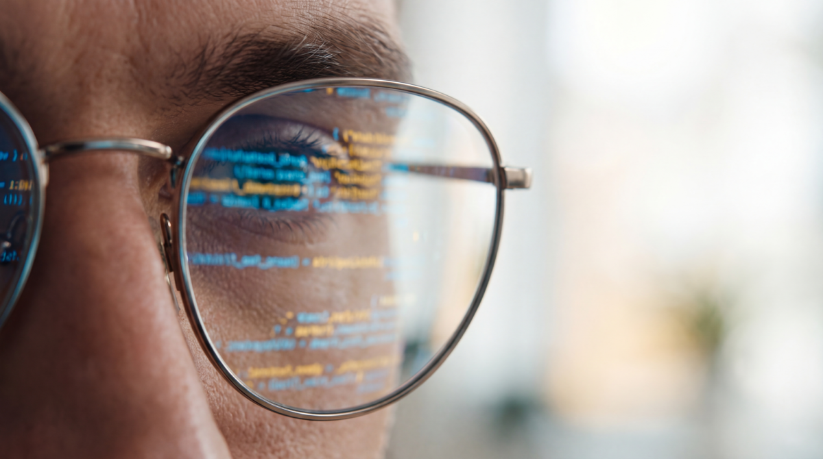 Developer wearing glasses with code reflection on lenses, representing web development and programming