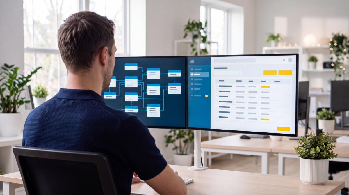 Web developer working at desk with dual monitors displaying project management and analytics dashboards