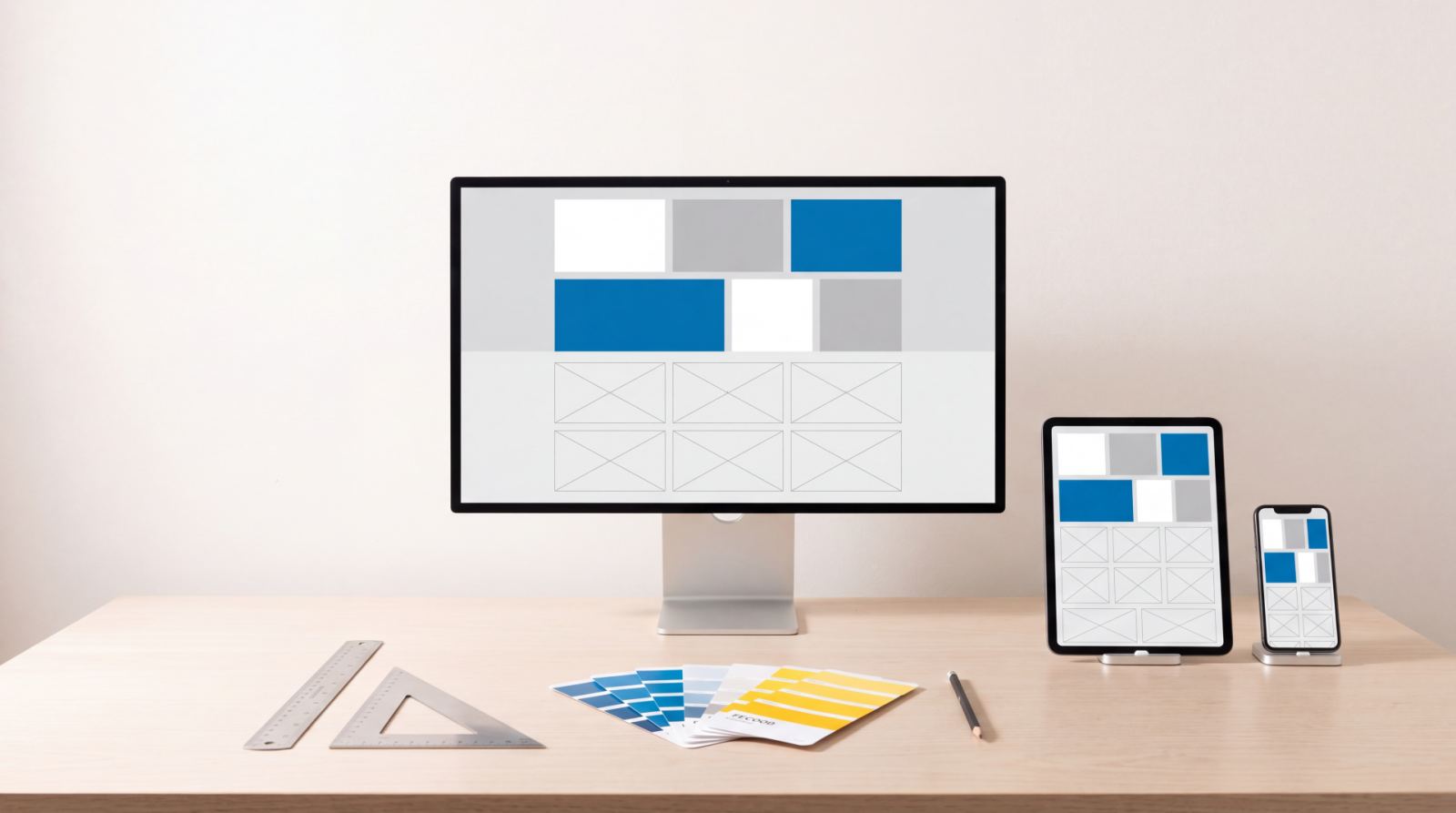 Responsive web design mockup showing desktop monitor, tablet, and smartphone with matching blue interface layouts