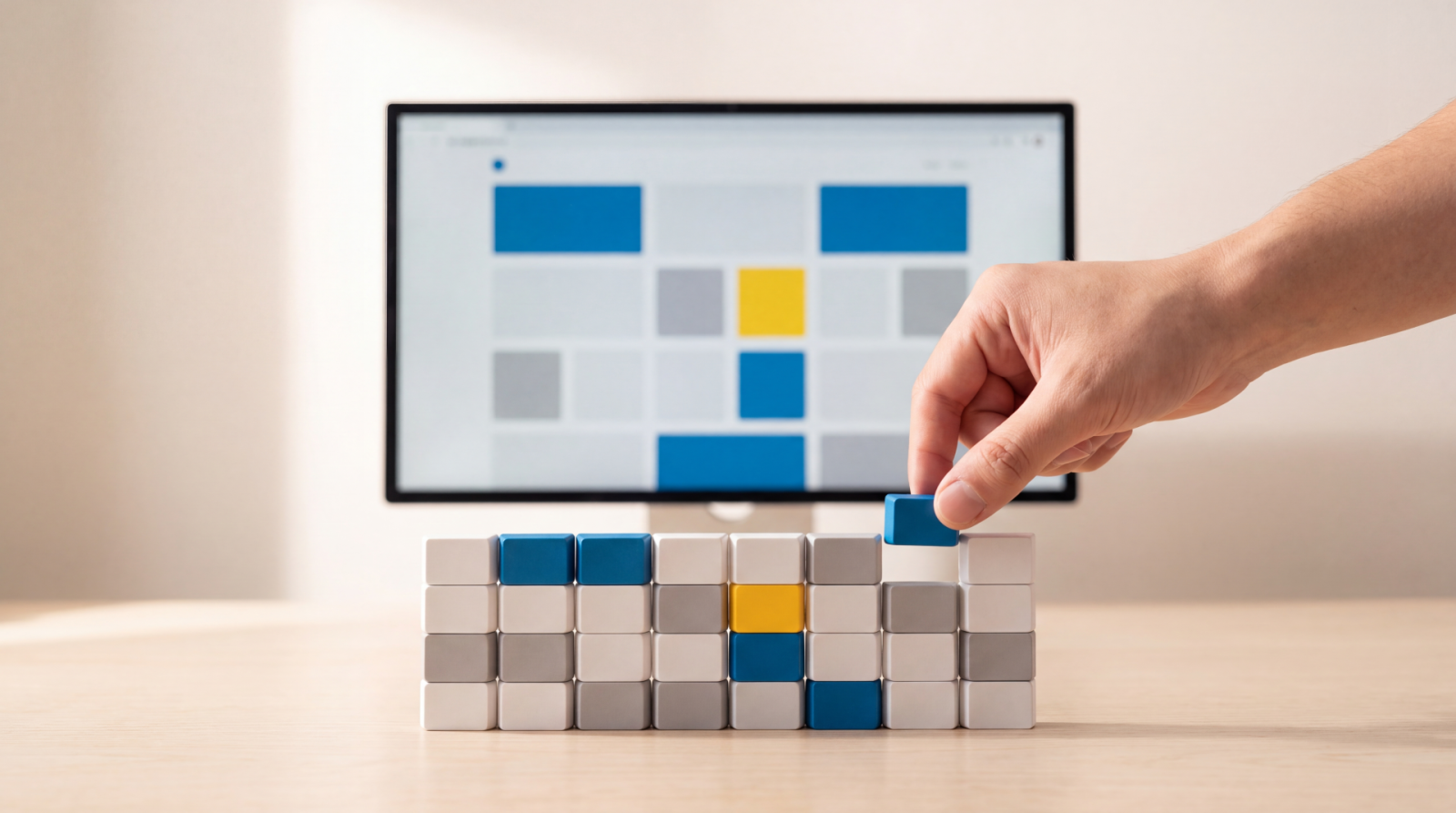 Hand placing customisable block onto modular puzzle structure displayed on computer screen