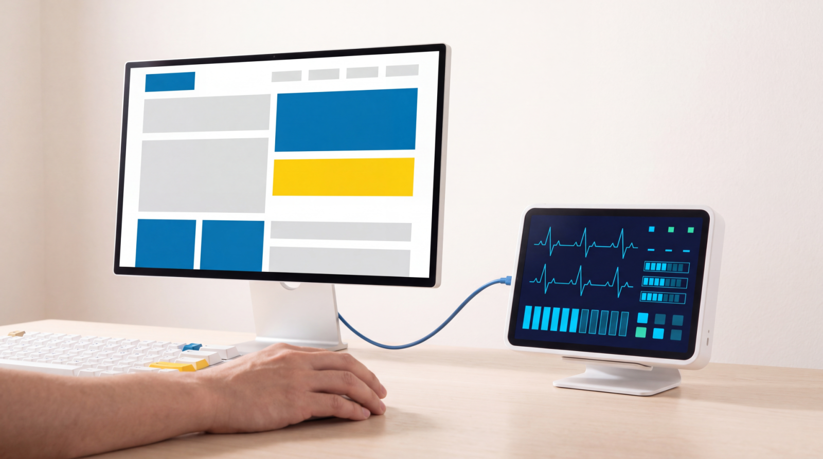 Person using business dashboard analytics software on tablet and desktop monitor