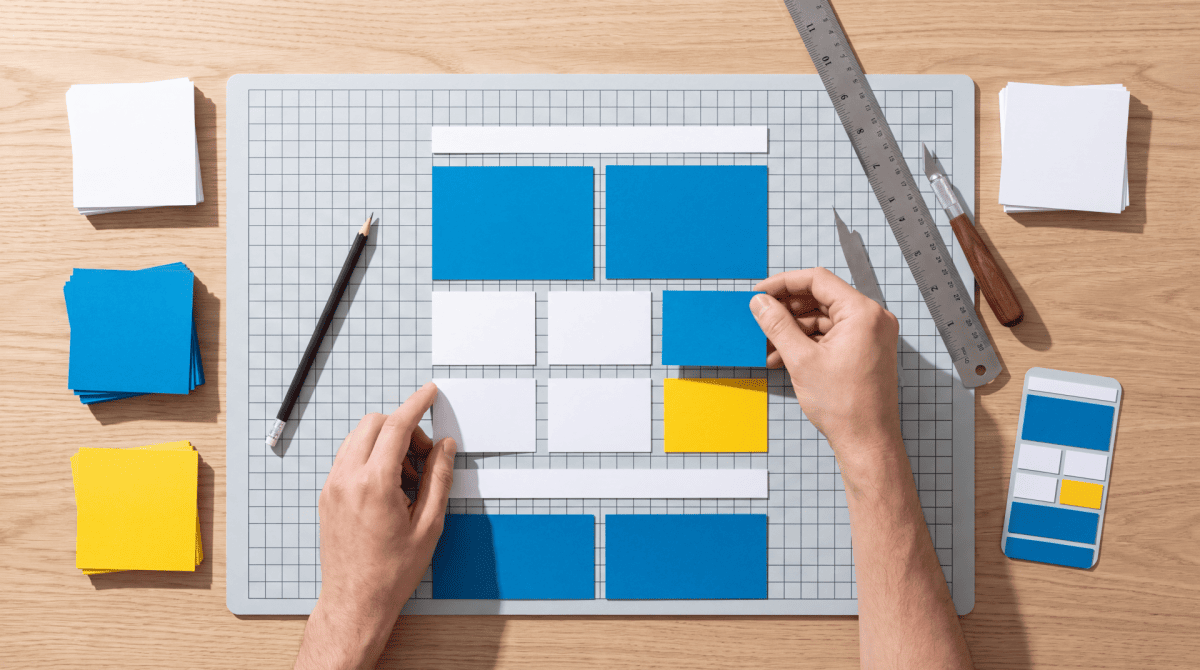 Designer wireframing website layout with blue and yellow colour blocks on paper grid
