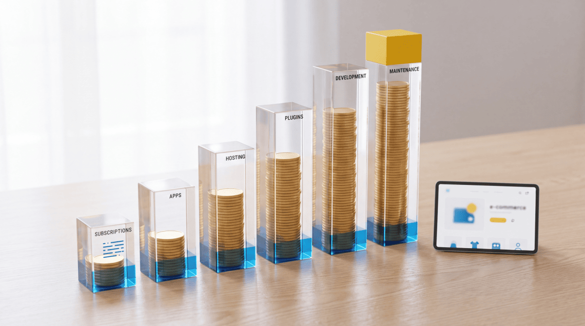 Progressive business growth visualisation with stacked containers and analytics dashboard on laptop