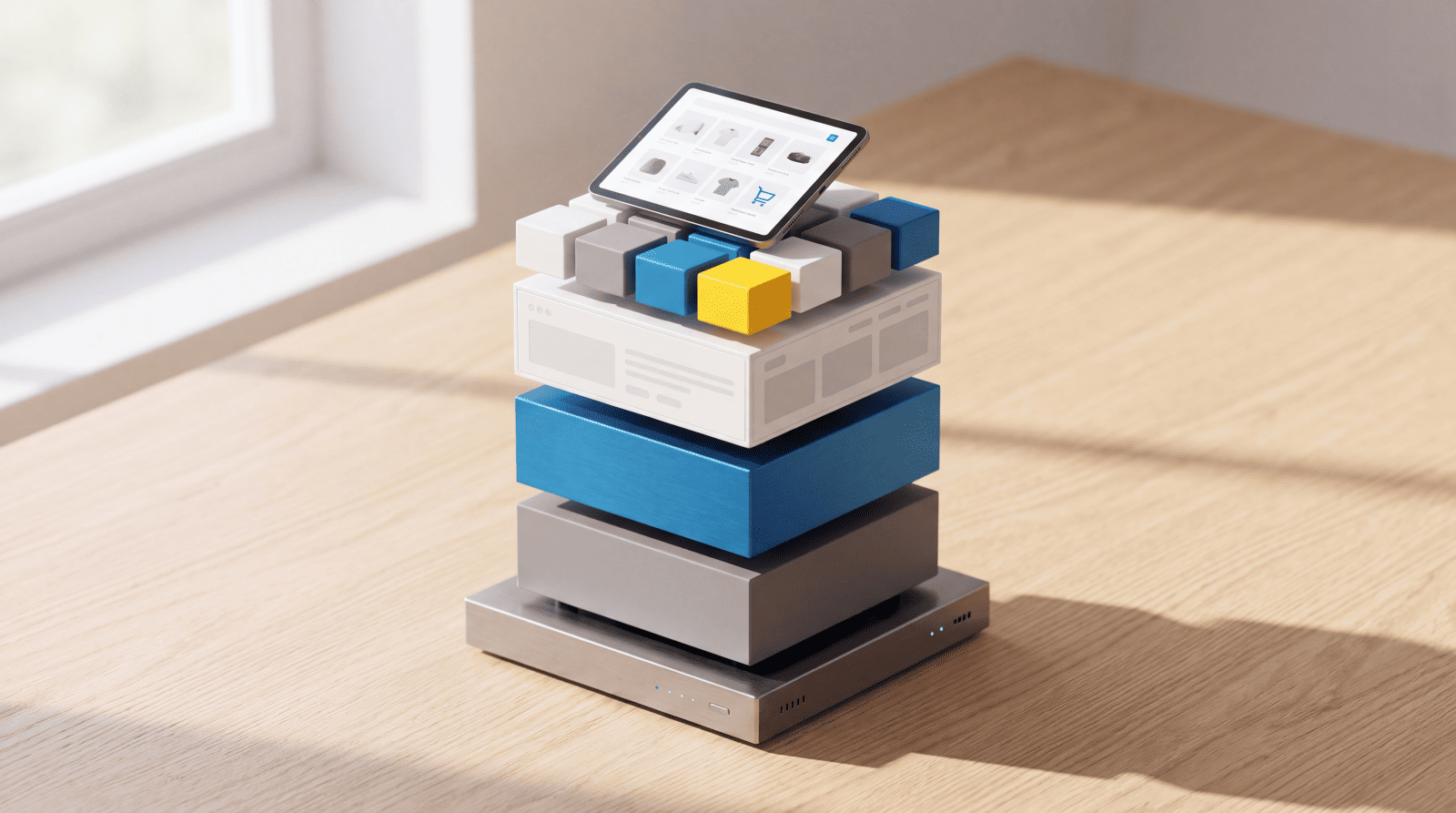 Stacked storage boxes with tablet device and colorful organisation blocks on wooden desk