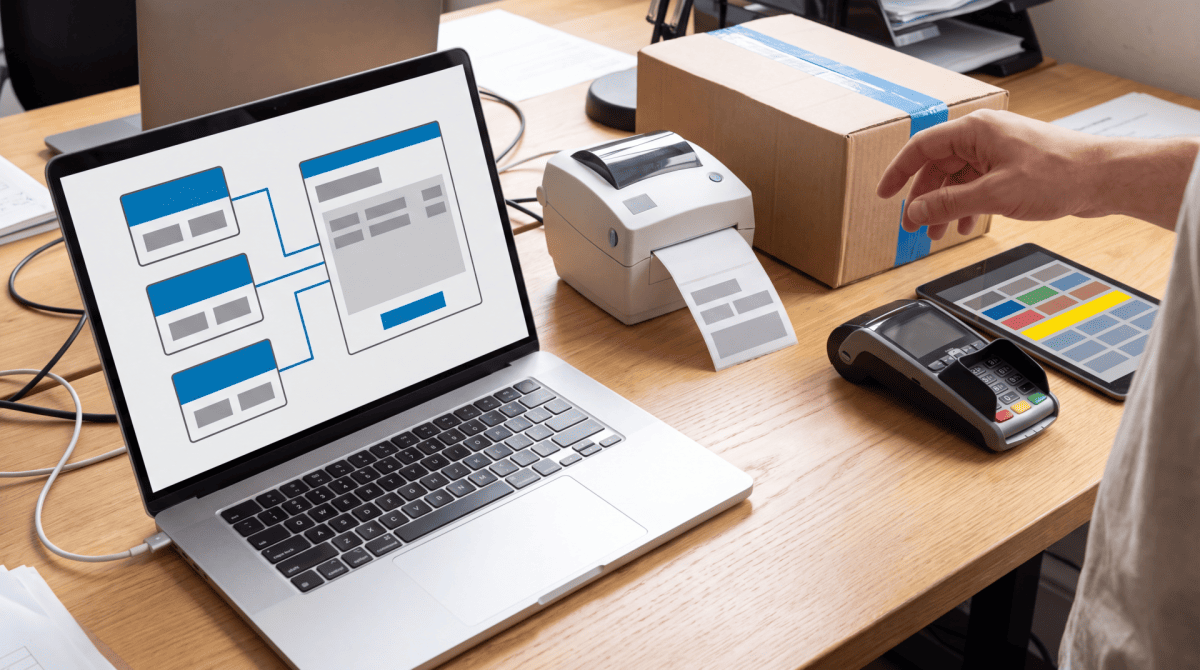 Business professional processing payment at checkout counter with laptop displaying order management system