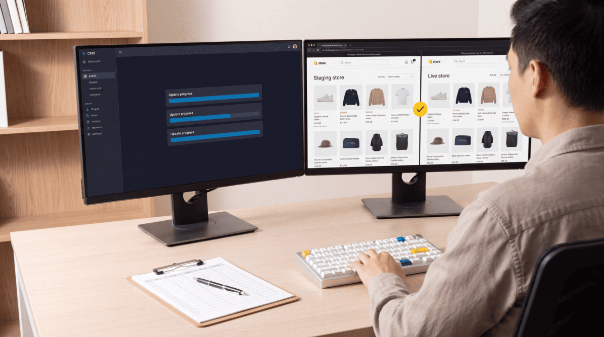 Web designer working on dual monitors displaying product catalogue and design interface