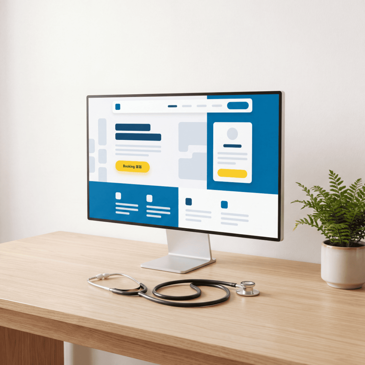 Computer monitor displaying website design mockup with blue and white interface elements on wooden desk